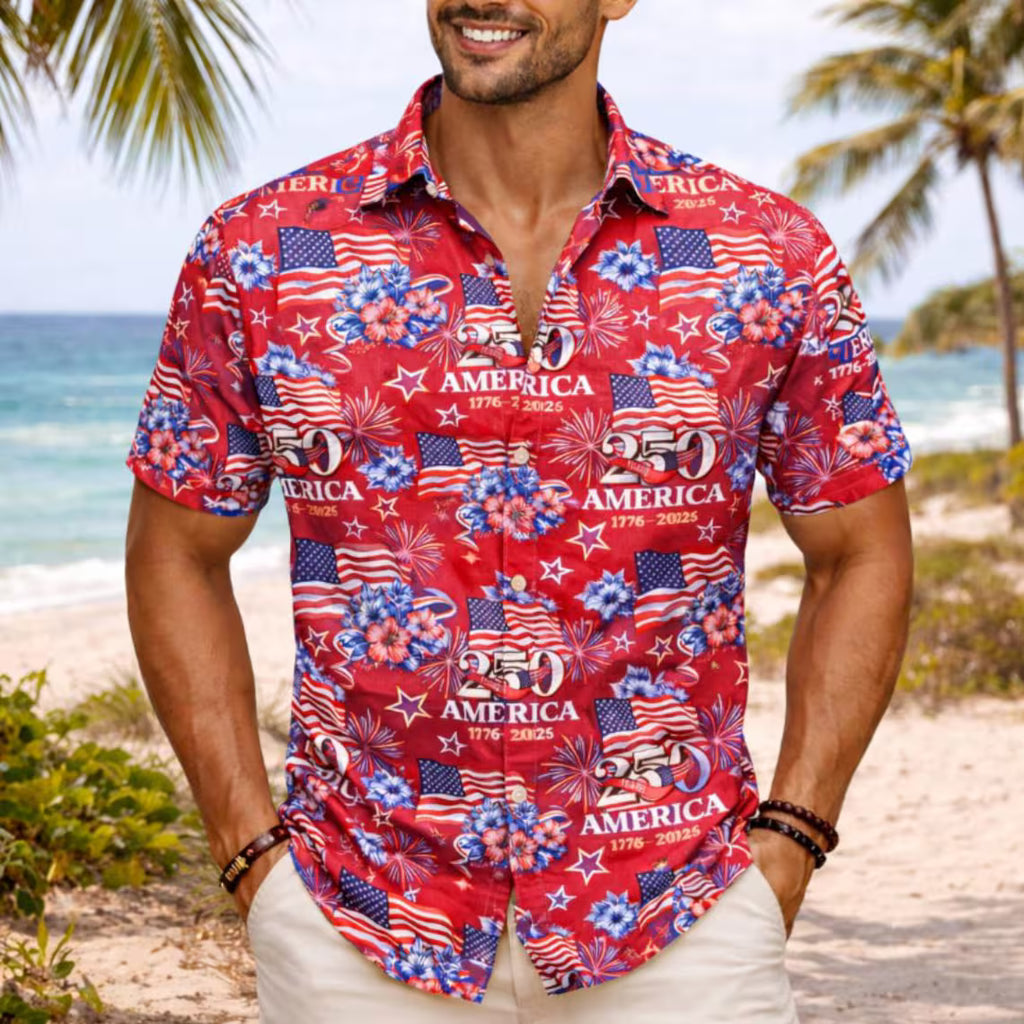 [FREESHIP] America 250th Anniversary Hawaiian Shirt, Patriotic 1776-2026 Button Shirt, USA Flag Fireworks Summer Beach Shirt, Semiquincentennial Shirt