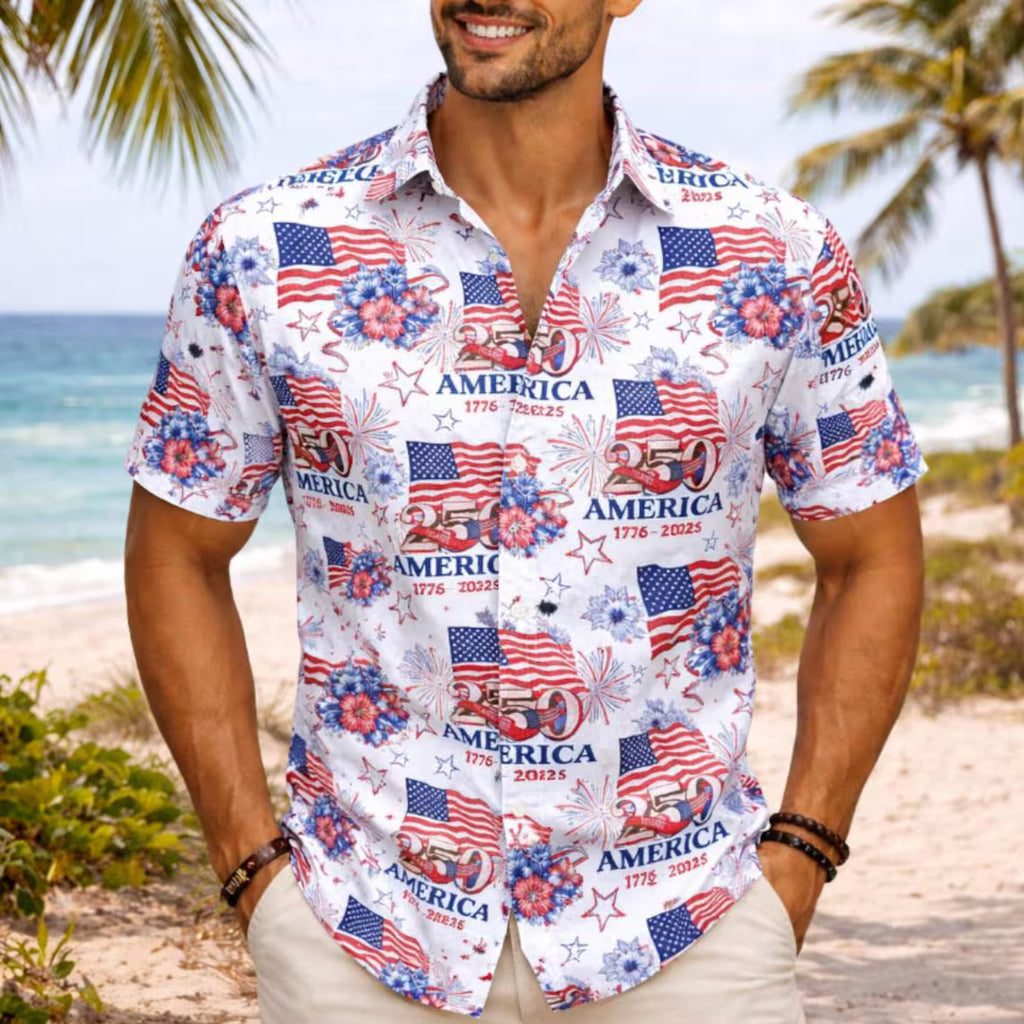 [FREESHIP] America 250th Anniversary Hawaiian Shirt, Patriotic 1776-2026 Button Shirt, USA Flag Fireworks Summer Beach Shirt, Semiquincentennial Shirt