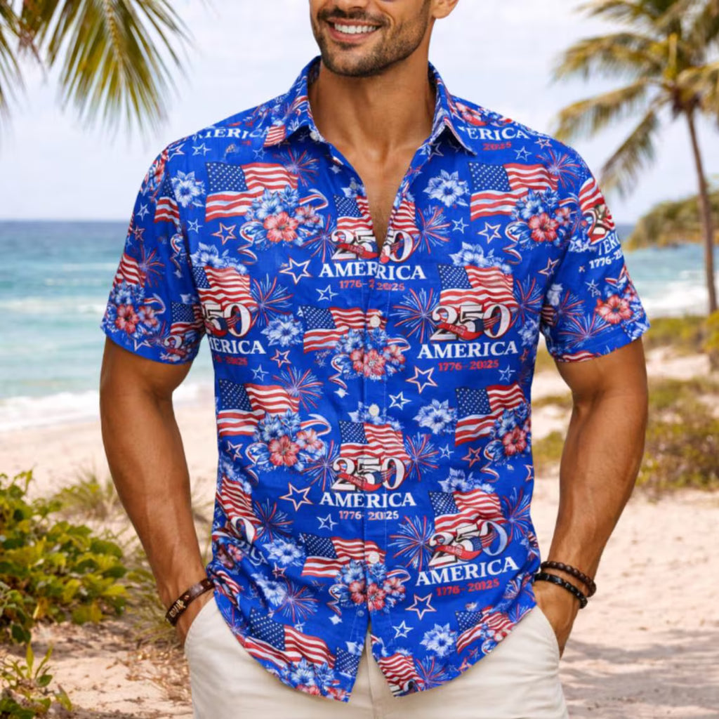 [FREESHIP] America 250th Anniversary Hawaiian Shirt, Patriotic 1776-2026 Button Shirt, USA Flag Fireworks Summer Beach Shirt, Semiquincentennial Shirt