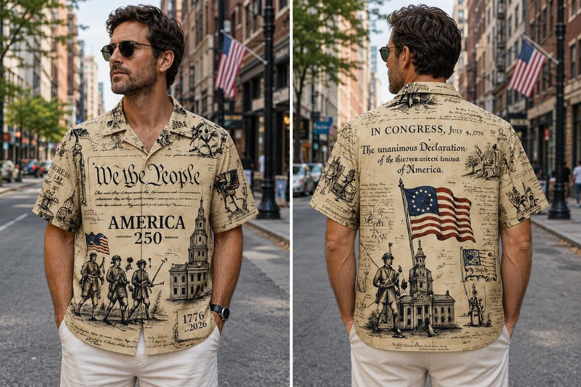 [FREESHIP] Vintage Newspaper America 250th Anniversary Hawaii Shirt, Patriotic 1776 2026 Button Up Shirt,We The People USA Independence Day Aloha Shirt