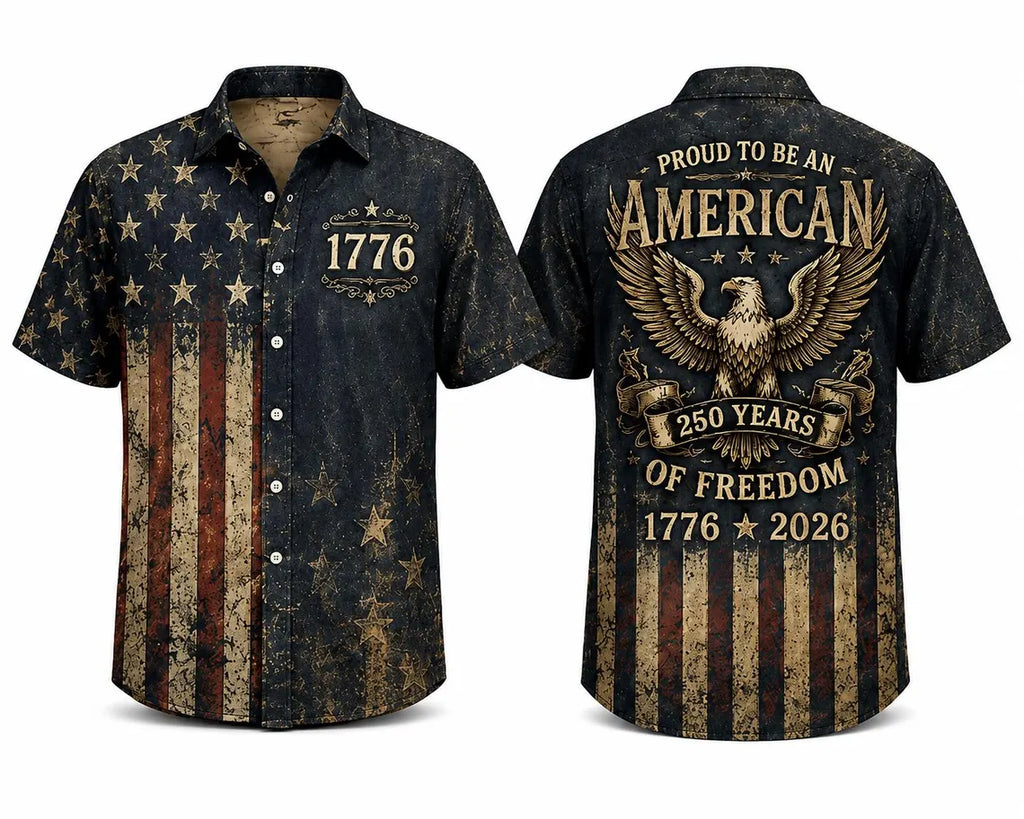 [FREESHIP] Vintage American Flag Hawaiian Shirt, 1776 Patriotic Button Up Shirt, Proud To Be An American USA 250th Years of Freedom Shirt, Gift For Him