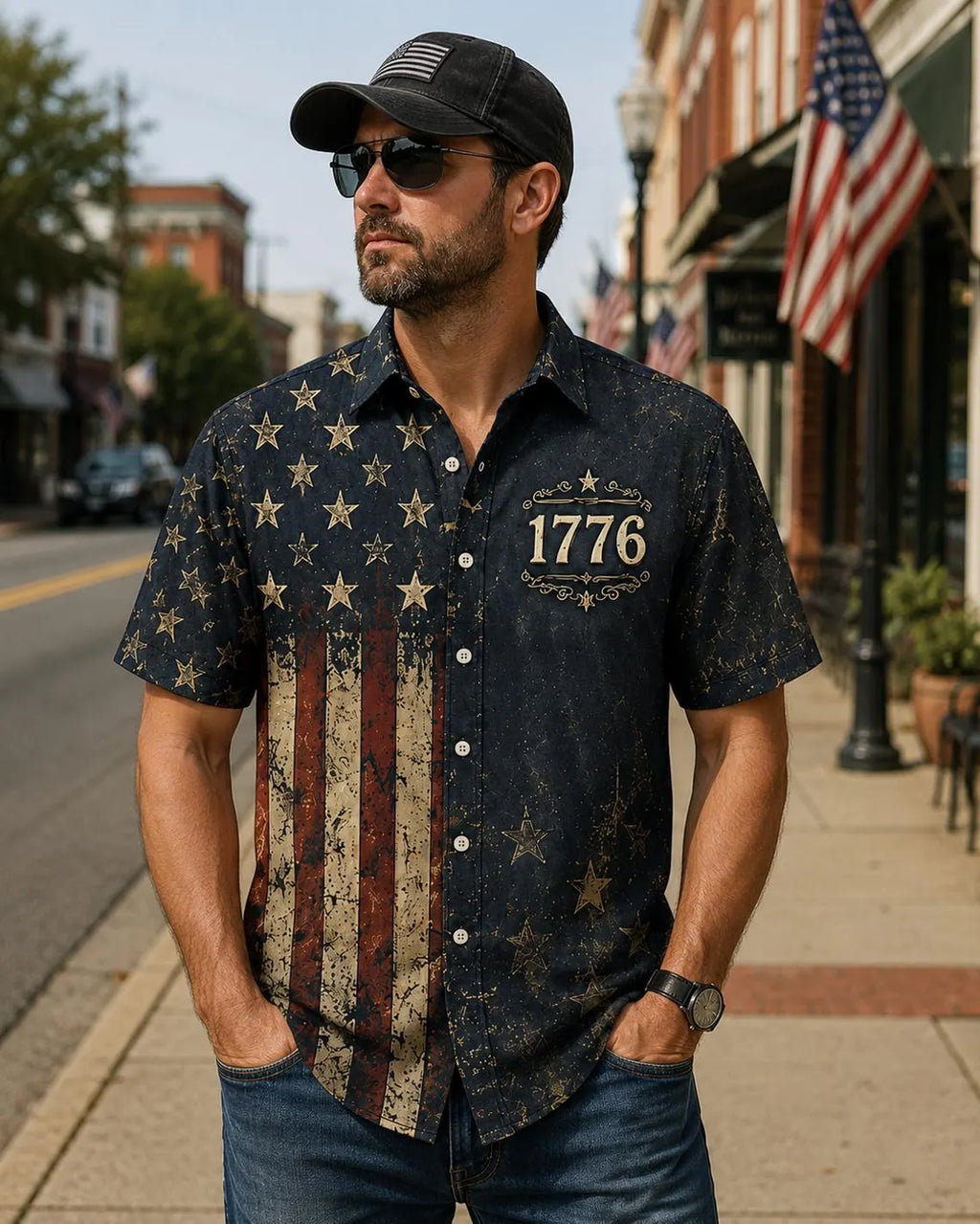 [FREESHIP] Vintage American Flag Hawaiian Shirt, 1776 Patriotic Button Up Shirt, Proud To Be An American USA 250th Years of Freedom Shirt, Gift For Him