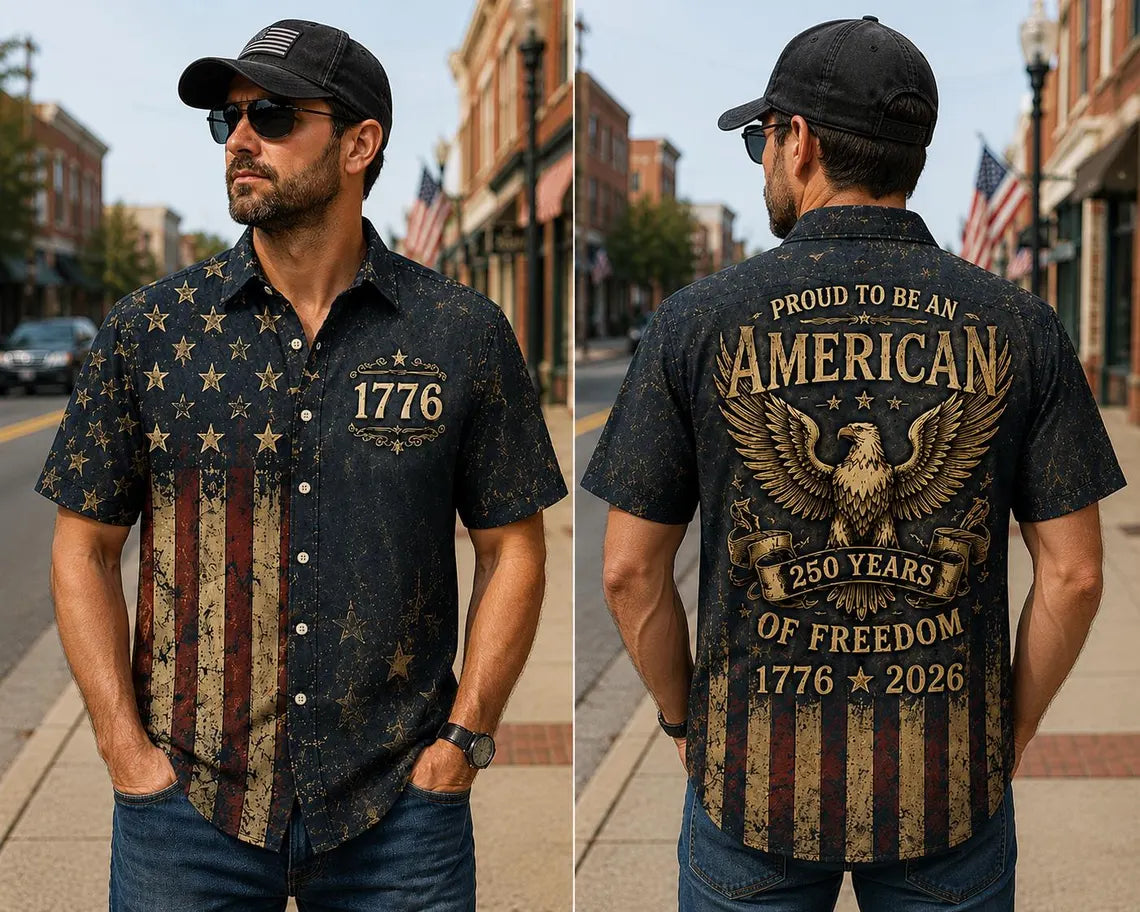 [FREESHIP] Vintage American Flag Hawaiian Shirt, 1776 Patriotic Button Up Shirt, Proud To Be An American USA 250th Years of Freedom Shirt, Gift For Him