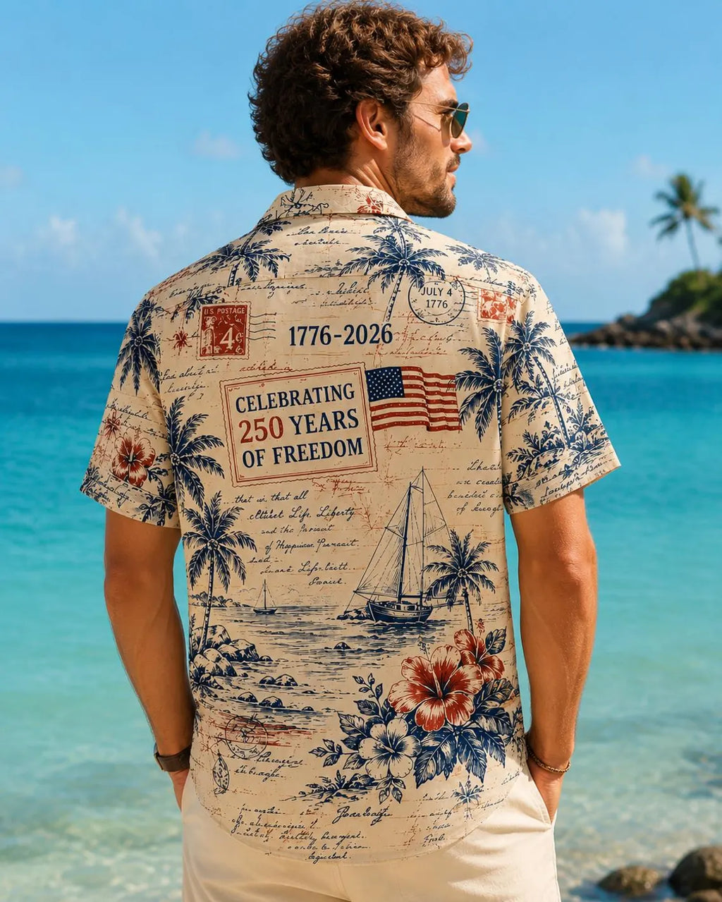 [FREESHIP] Vintage Americana Hawaiian Shirt, Patriotic USA 250 Year Celebration, Eagle Statue Liberty Print, 4th of July Beach Shirt, Men Summer Shirt