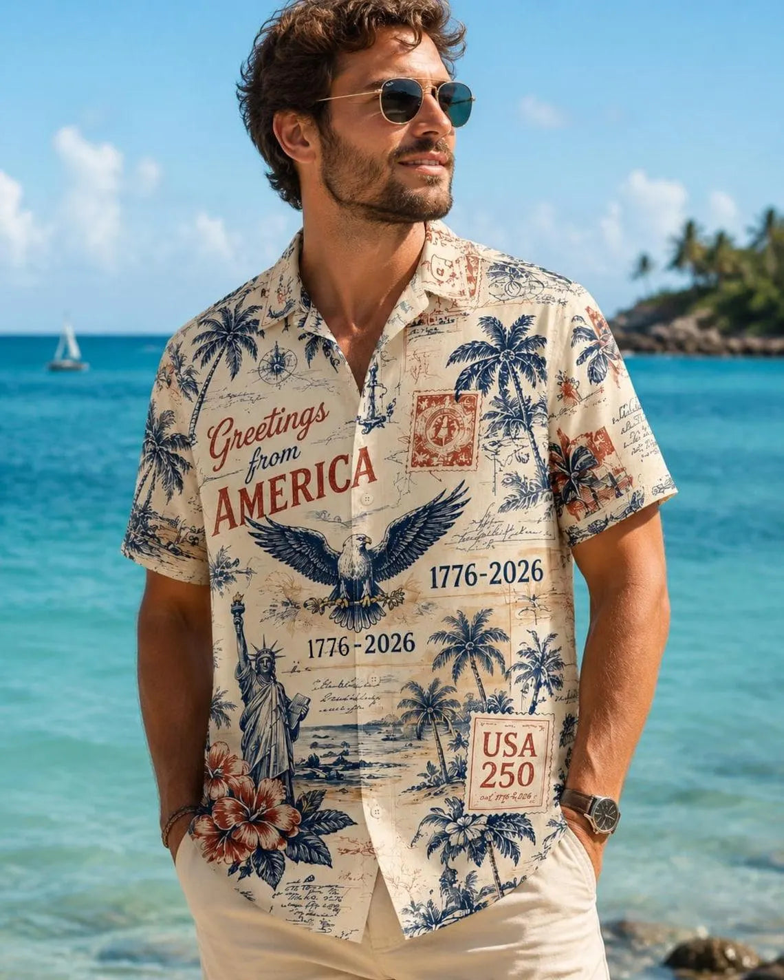 [FREESHIP] Vintage Americana Hawaiian Shirt, Patriotic USA 250 Year Celebration, Eagle Statue Liberty Print, 4th of July Beach Shirt, Men Summer Shirt