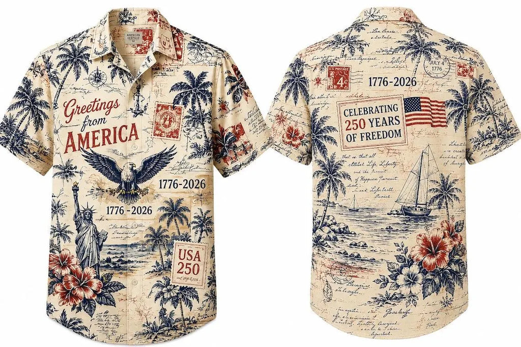 [FREESHIP] Vintage Americana Hawaiian Shirt, Patriotic USA 250 Year Celebration, Eagle Statue Liberty Print, 4th of July Beach Shirt, Men Summer Shirt