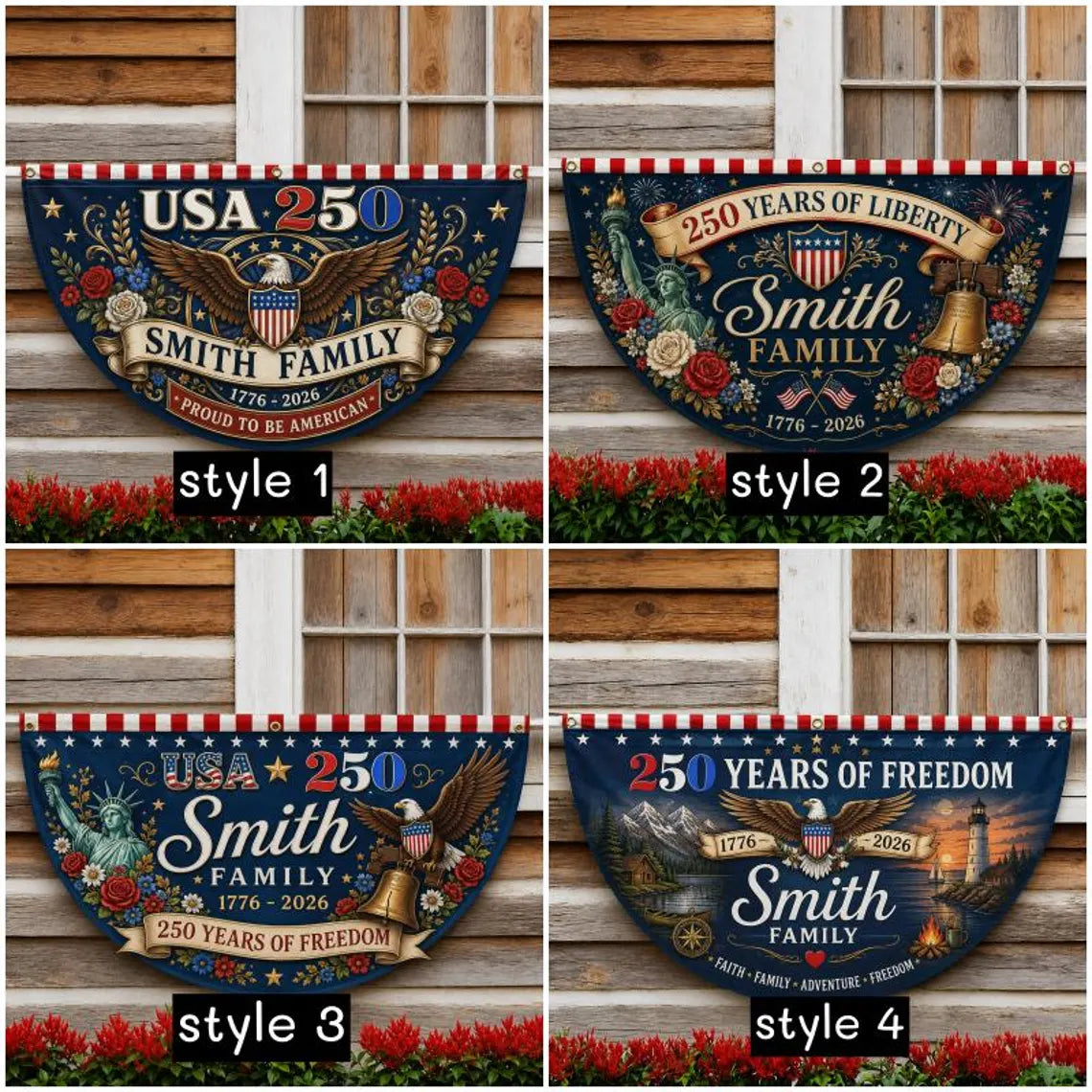 [FREESHIP] Custom Family 250 Years of Freedom Bunting Flag, USA 250th Anniversary Porch Banner, Patriotic Americana Outdoor Decor