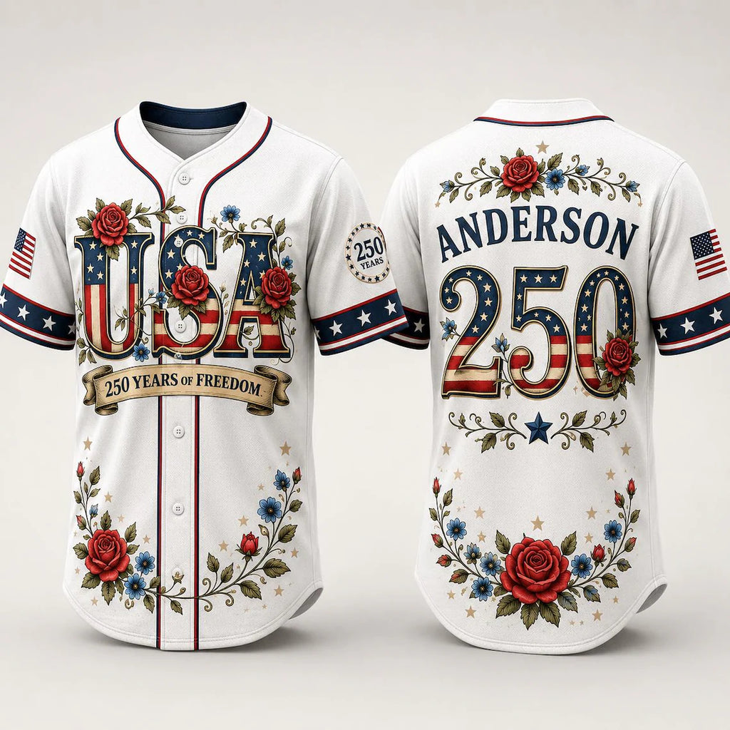[FREESHIP] Personalized Patriotic Baseball Jersey, USA 250th Anniversary Shirt, Custom Name Father Son Matching 4th of July Outfit