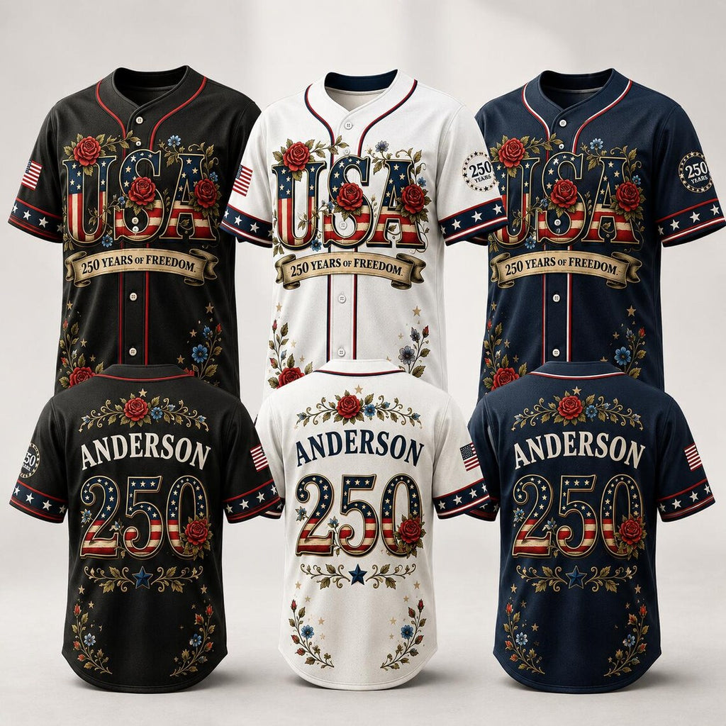 [FREESHIP] Personalized Patriotic Baseball Jersey, USA 250th Anniversary Shirt, Custom Name Father Son Matching 4th of July Outfit