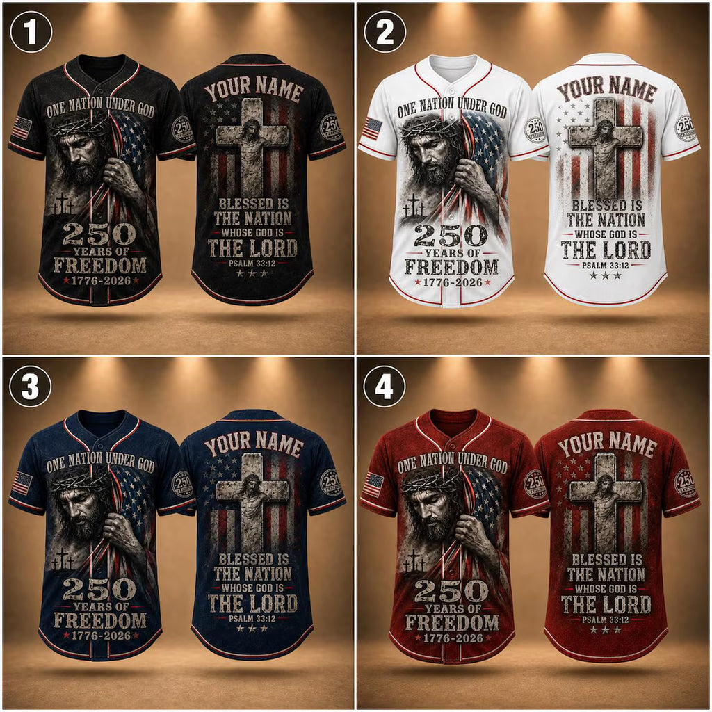 [FREESHIP] Christian Patriotic Baseball Jersey, Custom Name Jesus Jersey, One Nation Under God Shirt, 250 Years of Freedom 1776 2026 Gift, America 250