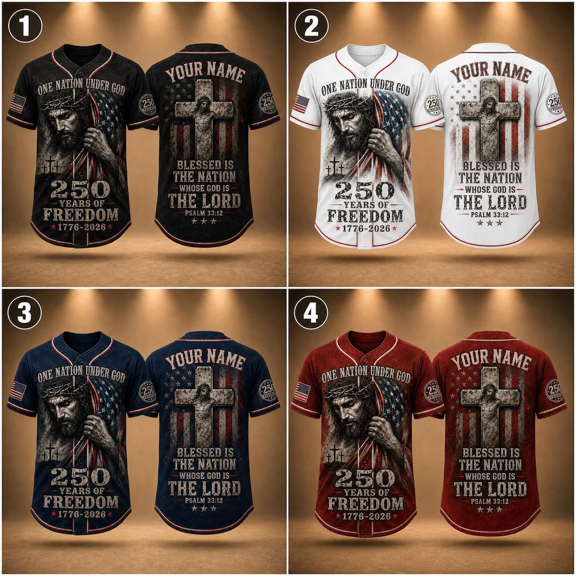 [FREESHIP] Christian Patriotic Baseball Jersey, Custom Name Jesus Jersey, One Nation Under God Shirt, 250 Years of Freedom 1776 2026 Gift, America 250