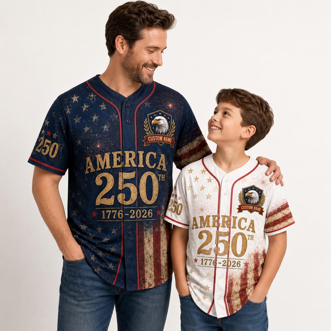 [FREESHIP] Custom Name America 250th Baseball Jersey, Father Son Matching Patriotic Shirt, USA 1776 2026 Semiquincentennial Gift