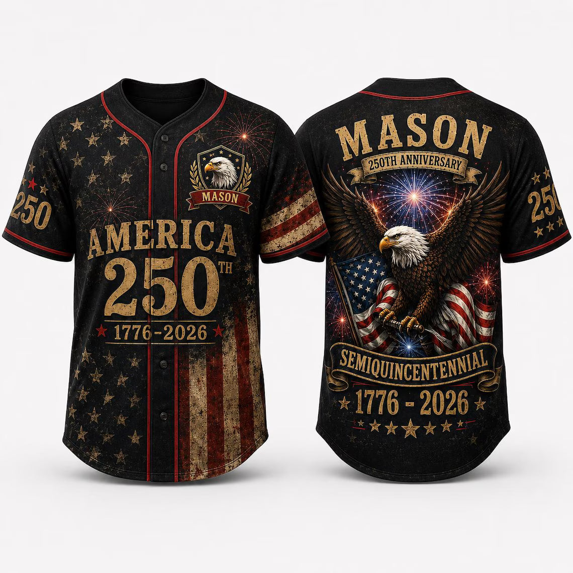 [FREESHIP] Custom Name America 250th Baseball Jersey, Father Son Matching Patriotic Shirt, USA 1776 2026 Semiquincentennial Gift