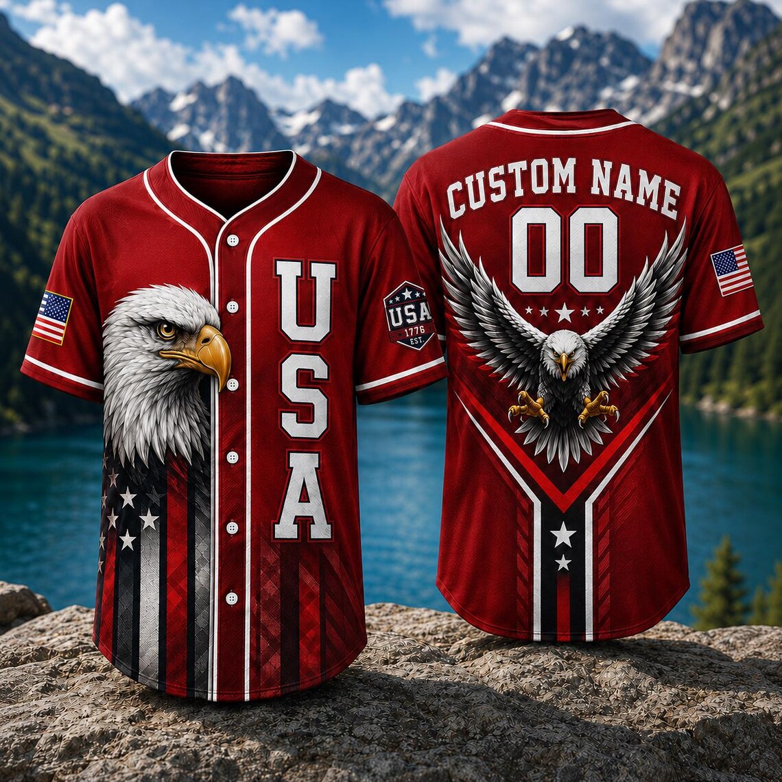 [FREESHIP] USA Eagle Baseball Jersey, Custom Name Patriotic Jersey, American Flag Shirt, Bald Eagle USA Jersey, Personalized 00 Freedom Gift