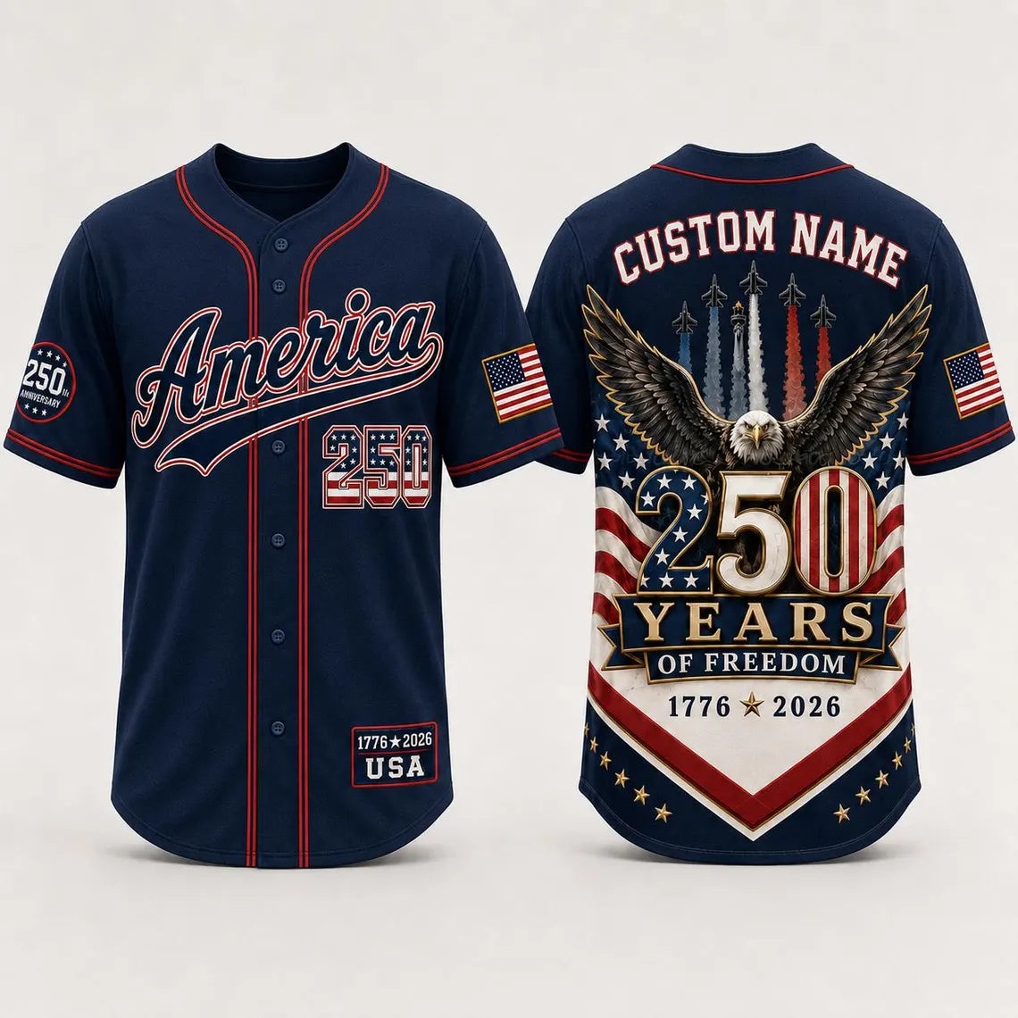 [FREESHIP] Personalized America 250 Years Baseball Jersey, Custom Name USA 250th Anniversary Jersey, 1776 2026 Freedom Shirt, Patriotic Eagle Jersey