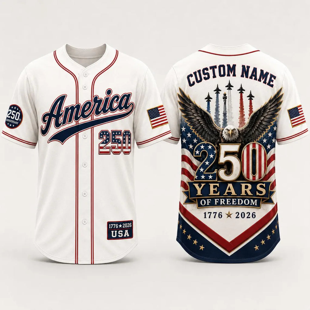 [FREESHIP] Personalized America 250 Years Baseball Jersey, Custom Name USA 250th Anniversary Jersey, 1776 2026 Freedom Shirt, Patriotic Eagle Jersey