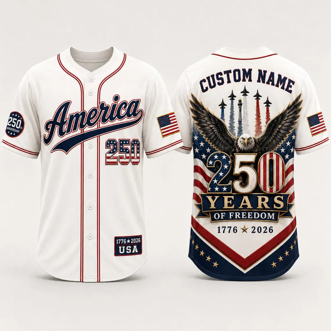 [FREESHIP] Personalized America 250 Years Baseball Jersey, Custom Name USA 250th Anniversary Jersey, 1776 2026 Freedom Shirt, Patriotic Eagle Jersey