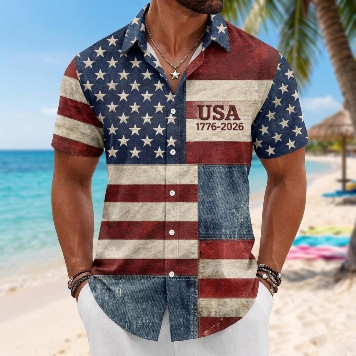 [FREESHIP] USA 250th Anniversary Button Shirt, 1776-2026 American Flag Hawaiian Shirt, Patriotic Button Down, July 4th Outfit, Mens Vacation Shirt