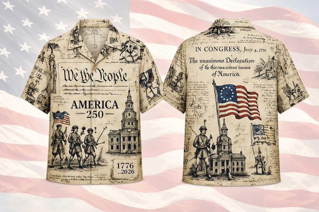 [FREESHIP] Vintage Newspaper America 250th Anniversary Hawaii Shirt, Patriotic 1776 2026 Button Up Shirt,We The People USA Independence Day Aloha Shirt