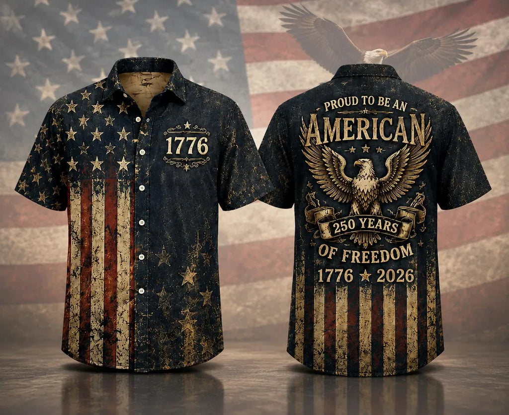 [FREESHIP] Vintage American Flag Hawaiian Shirt, 1776 Patriotic Button Up Shirt, Proud To Be An American USA 250th Years of Freedom Shirt, Gift For Him