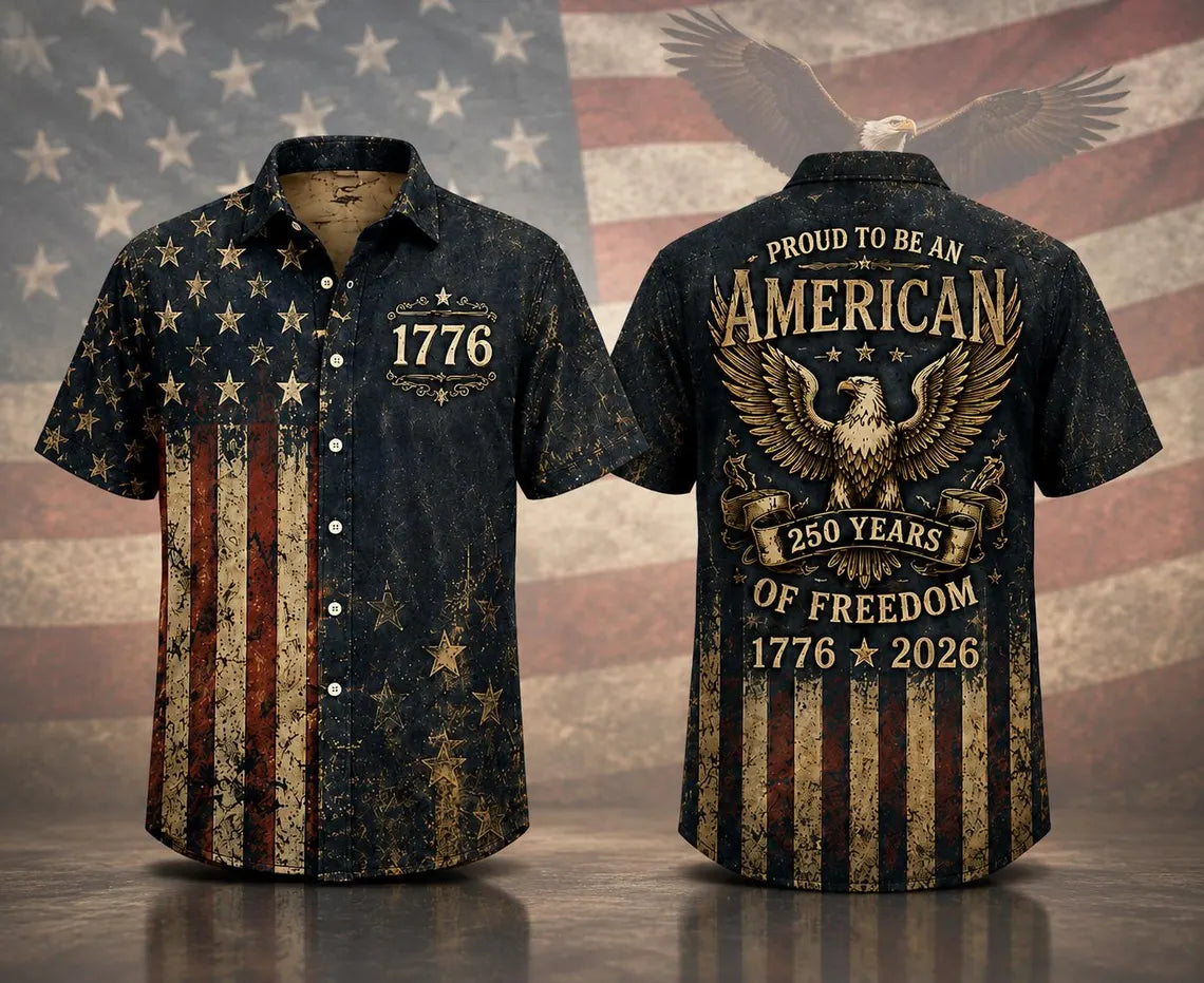 [FREESHIP] Vintage American Flag Hawaiian Shirt, 1776 Patriotic Button Up Shirt, Proud To Be An American USA 250th Years of Freedom Shirt, Gift For Him