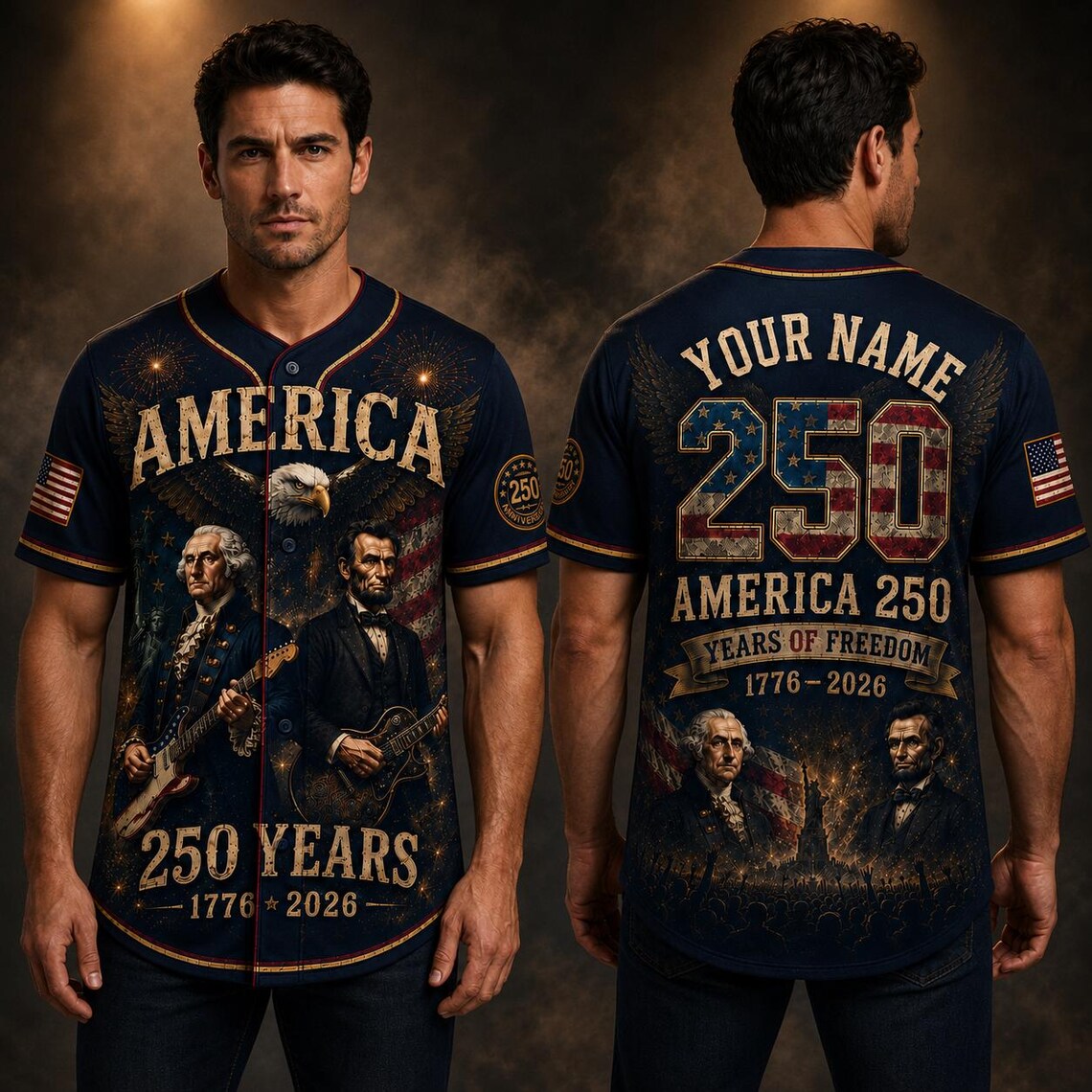 [FREESHIP] George Washington Lincoln Guitar Jersey, America 250th Baseball Jersey, Patriotic Custom Name Shirt, 1776 2026 USA Jersey