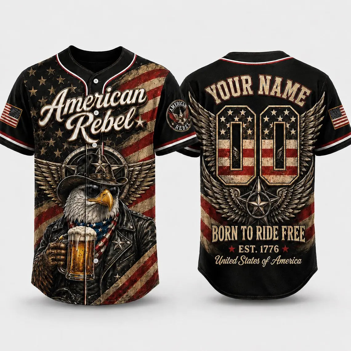 [FREESHIP] American Rebel Baseball Jersey, Custom Patriotic Eagle Jersey, USA Shirt, Born To Ride Free Biker Jersey, 4th Of July Gift For Men