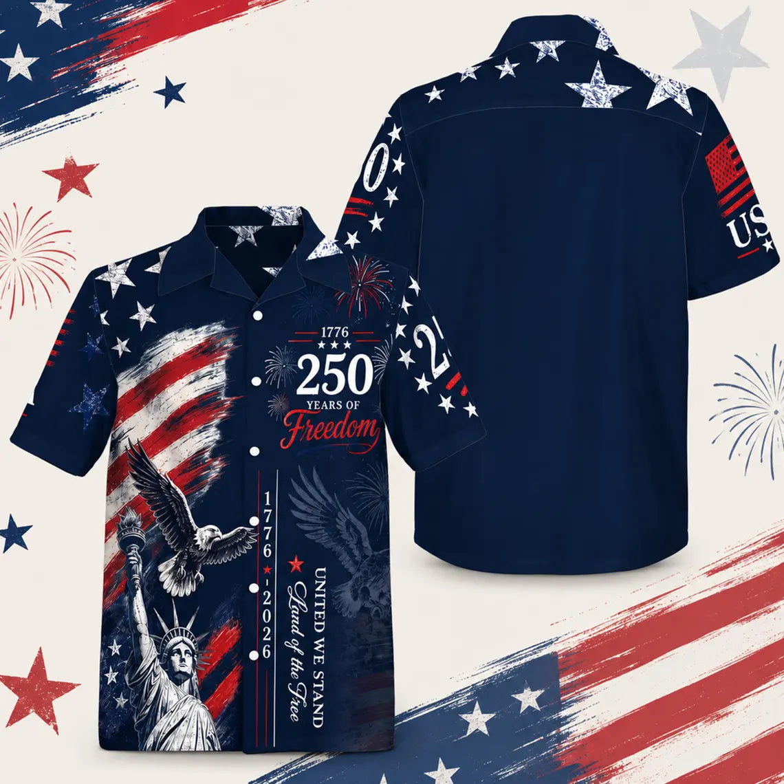 [FREESHIP] USA 250th Anniversary Mens Hawaiian Shirt, Retro American Flag Button Down, Patriotic 1776-2026 Independence Day Apparel