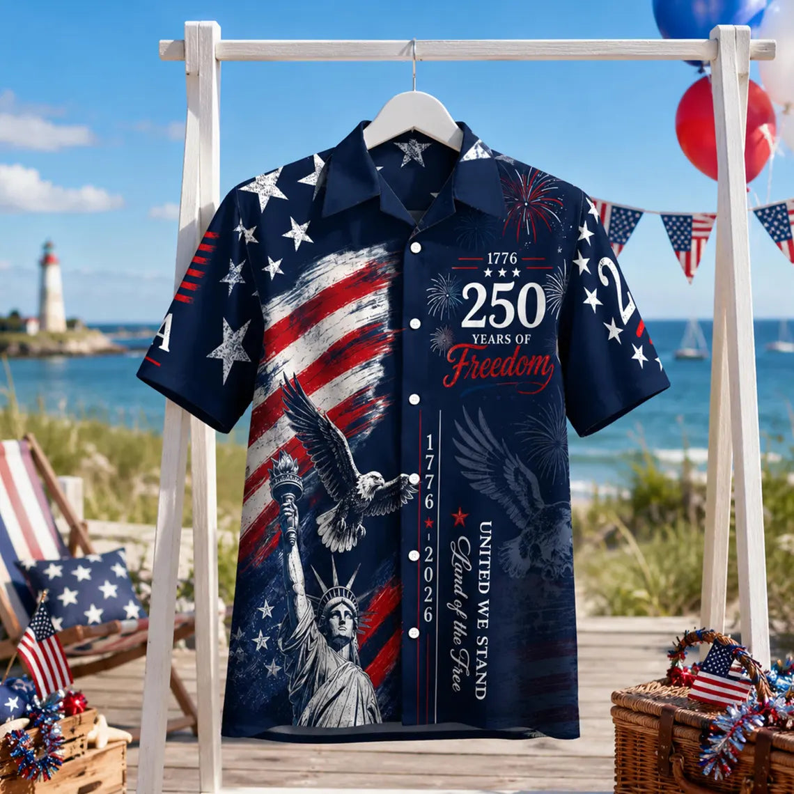 [FREESHIP] USA 250th Anniversary Mens Hawaiian Shirt, Retro American Flag Button Down, Patriotic 1776-2026 Independence Day Apparel