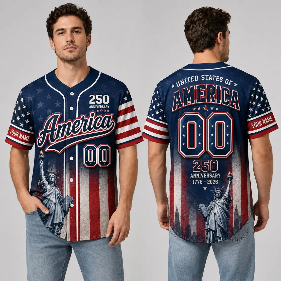 [FREESHIP] America 250 Baseball Jersey, Custom Name Patriotic Jersey, USA 1776 2026 Anniversary Shirt, Statue of Liberty American Flag Jersey Gift