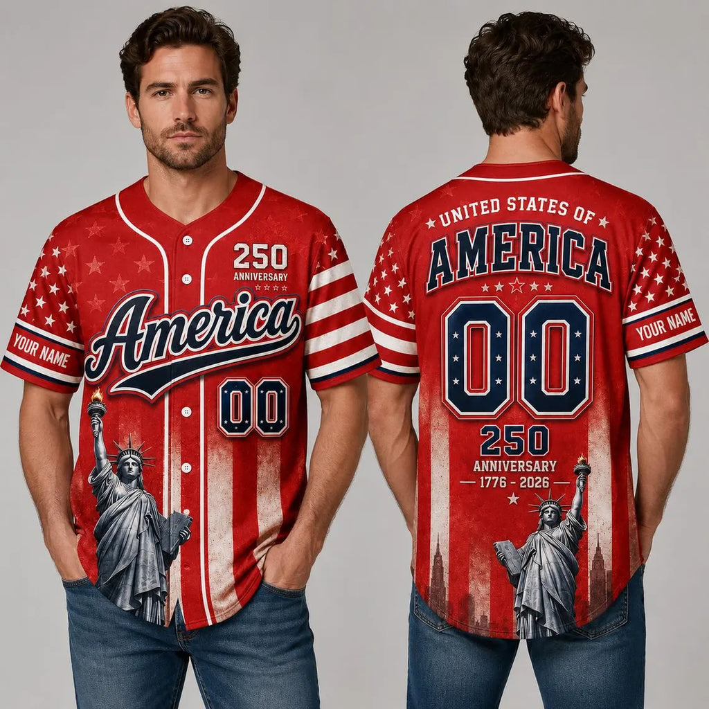[FREESHIP] America 250 Baseball Jersey, Custom Name Patriotic Jersey, USA 1776 2026 Anniversary Shirt, Statue of Liberty American Flag Jersey Gift