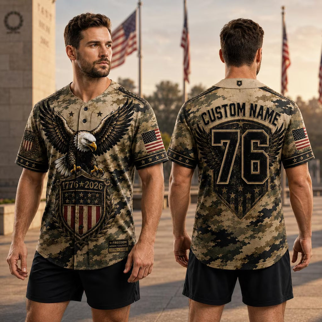 [FREESHIP] Custom Patriotic Baseball Jersey, Personalized Eagle American Flag Camo Jersey, USA 250th Anniversary Shirt, Military Style