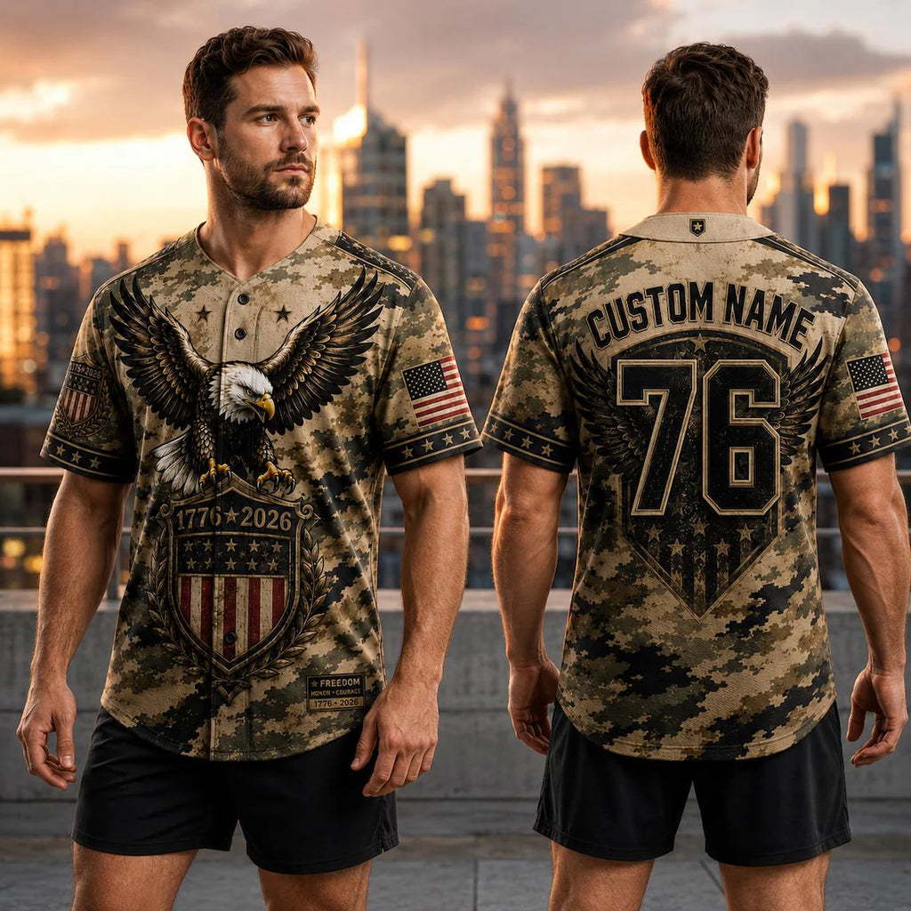[FREESHIP] Custom Patriotic Baseball Jersey, Personalized Eagle American Flag Camo Jersey, USA 250th Anniversary Shirt, Military Style