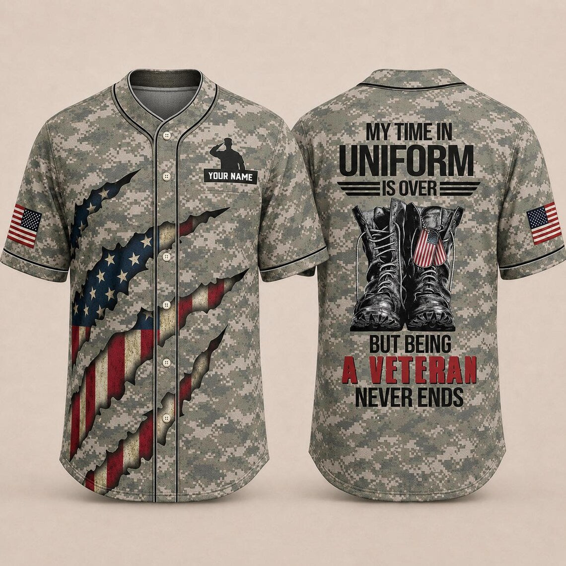 [FREESHIP] Personalized Veteran Jersey, U.S. Flag Military Camo Shirt, 4th Of July Jersey, Proud To Be Veteran Shirt, 250th Anniversary Shirt