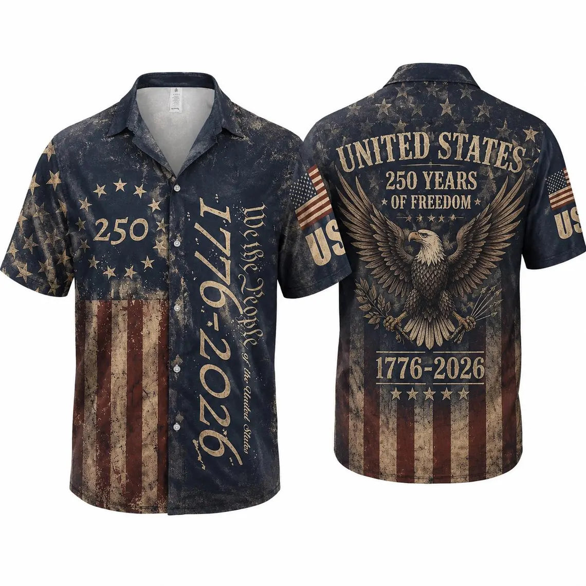[FREESHIP] 250 Years USA Patriotic Shirt,We The People 1776-2026 Eagle Graphic,Distressed American Flag Short Sleeve Button-Up, Freedom Anniversary Tee