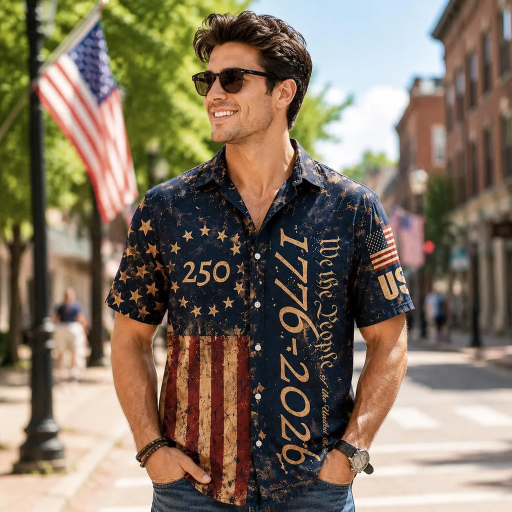 [FREESHIP] 250 Years USA Patriotic Shirt,We The People 1776-2026 Eagle Graphic,Distressed American Flag Short Sleeve Button-Up, Freedom Anniversary Tee