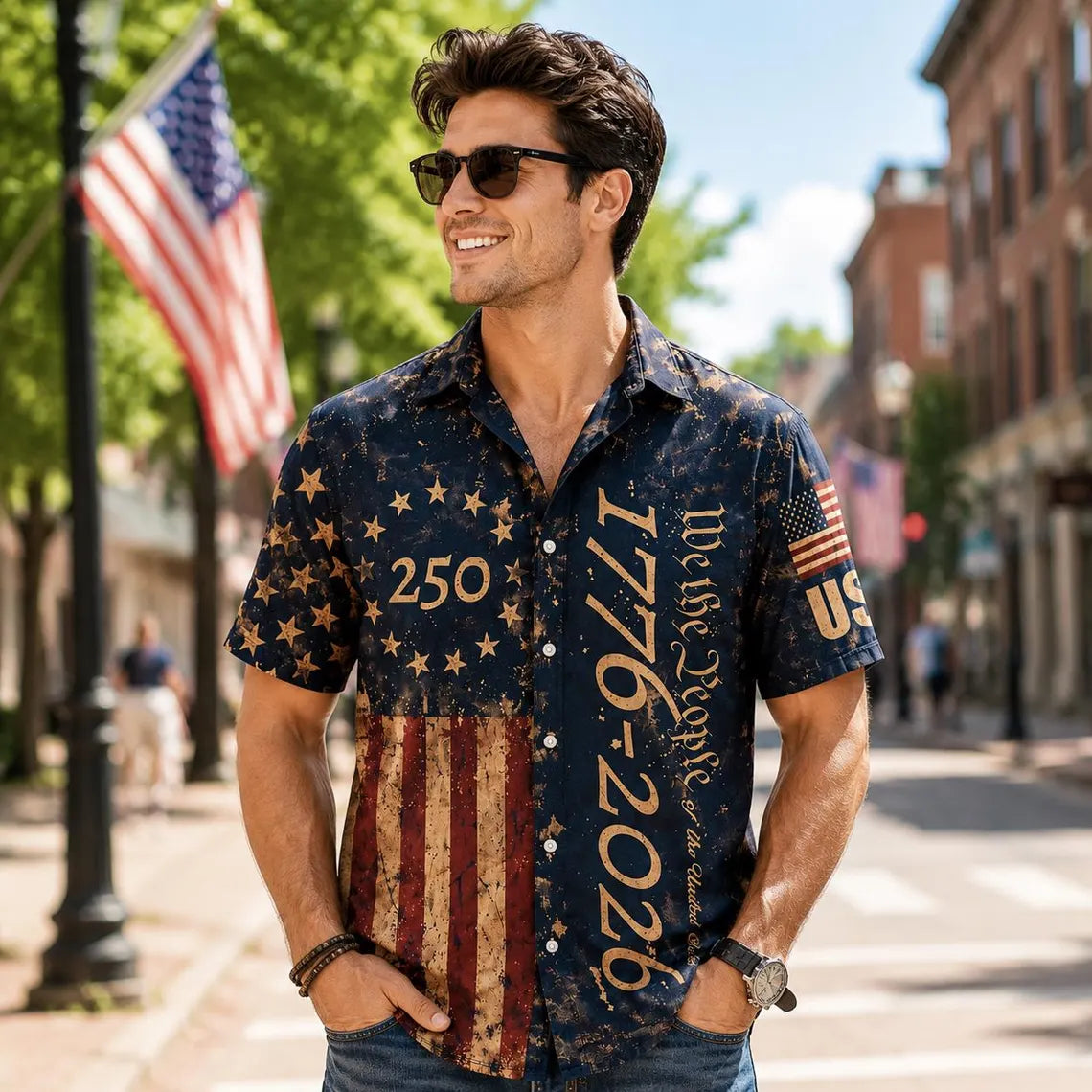 [FREESHIP] 250 Years USA Patriotic Shirt,We The People 1776-2026 Eagle Graphic,Distressed American Flag Short Sleeve Button-Up, Freedom Anniversary Tee