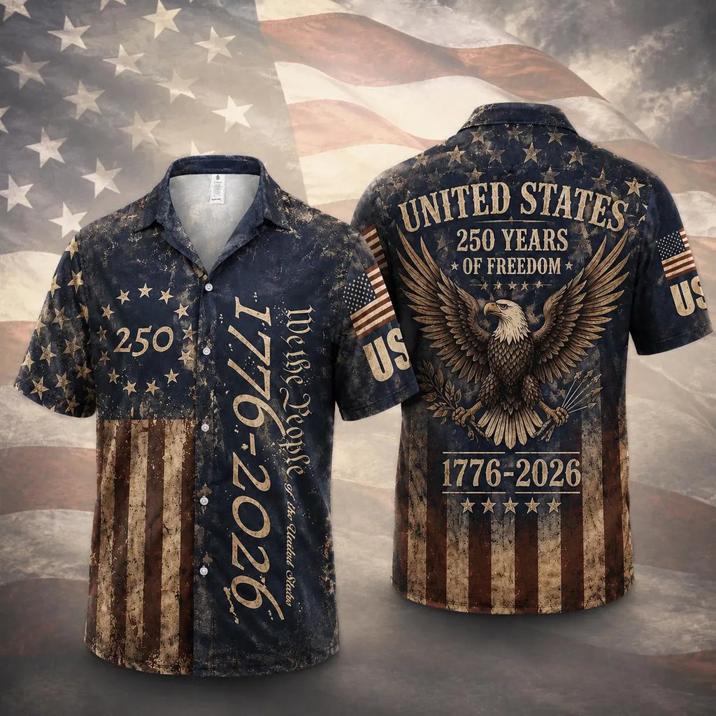 [FREESHIP] 250 Years USA Patriotic Shirt,We The People 1776-2026 Eagle Graphic,Distressed American Flag Short Sleeve Button-Up, Freedom Anniversary Tee