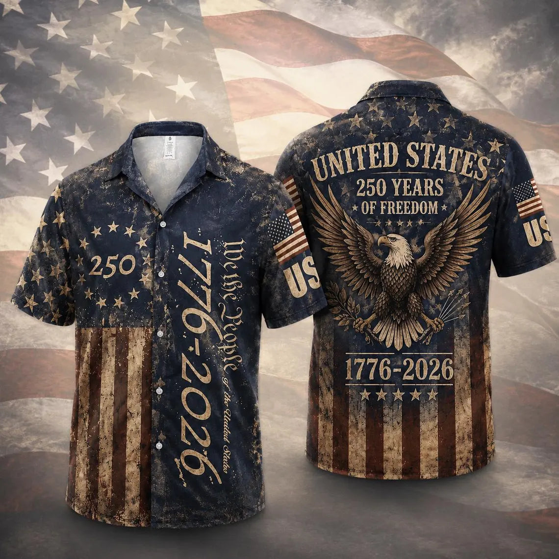 [FREESHIP] 250 Years USA Patriotic Shirt,We The People 1776-2026 Eagle Graphic,Distressed American Flag Short Sleeve Button-Up, Freedom Anniversary Tee