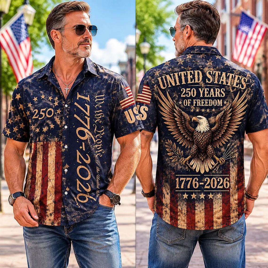 [FREESHIP] 250 Years USA Patriotic Shirt,We The People 1776-2026 Eagle Graphic,Distressed American Flag Short Sleeve Button-Up, Freedom Anniversary Tee