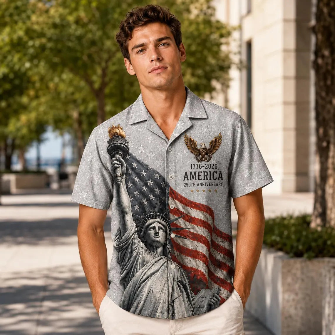 [FREESHIP] Custom Americana Hawaiian Shirt, Patriotic USA 250 Year Celebration, Eagle Statue Liberty Print, 4th of July Shirt, Summer Hawaiian Shirt