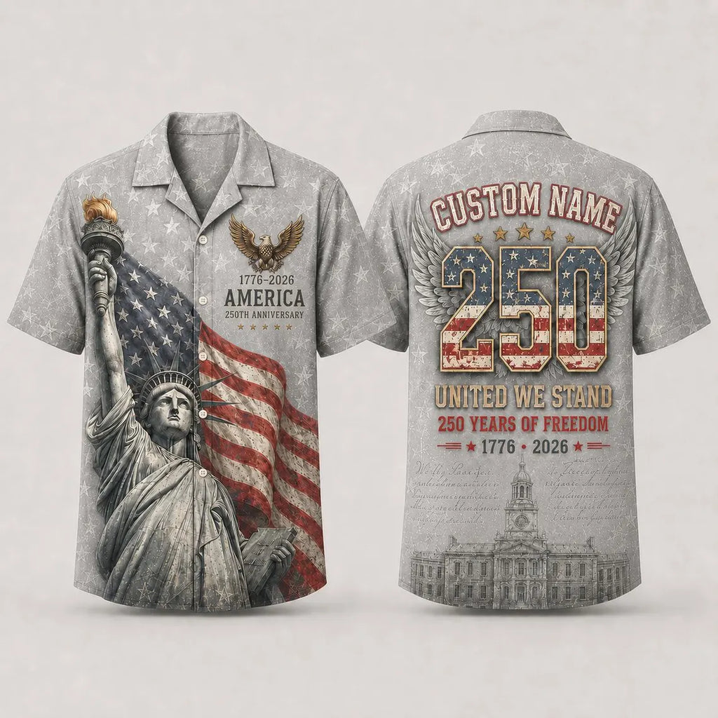 [FREESHIP] Custom Americana Hawaiian Shirt, Patriotic USA 250 Year Celebration, Eagle Statue Liberty Print, 4th of July Shirt, Summer Hawaiian Shirt