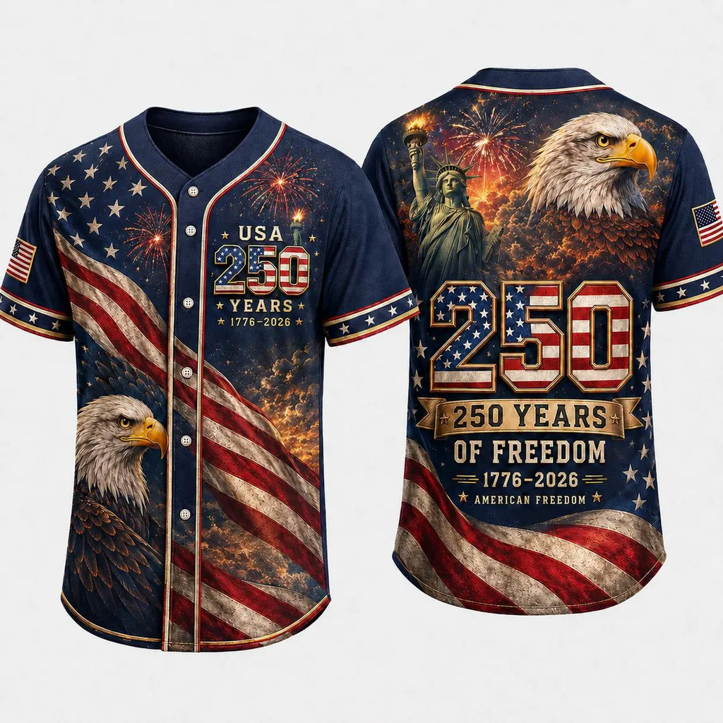 [FREESHIP] USA 250th Anniversary Baseball Jersey, 1776 2026 Patriotic Eagle Flag Shirt, 4th of July Jersey, America Freedom Gift for Men, Family