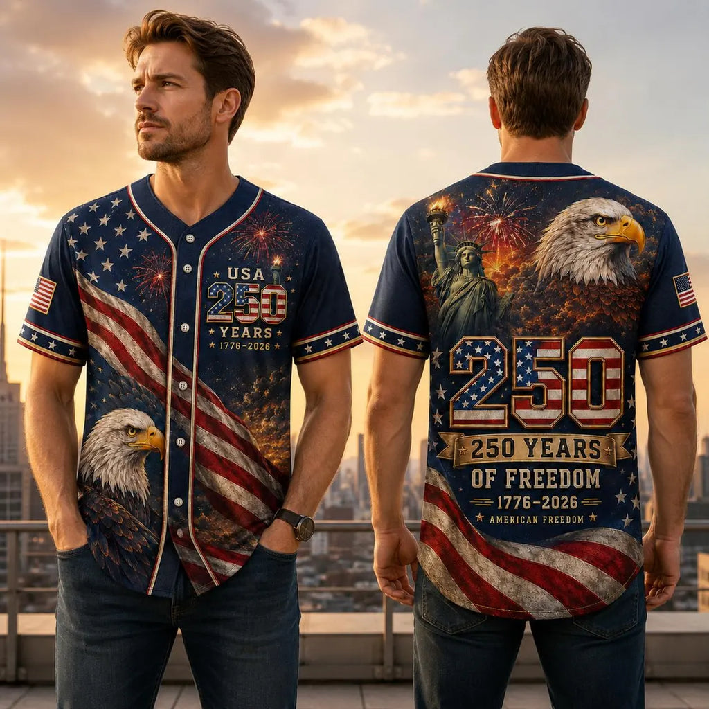 [FREESHIP] USA 250th Anniversary Baseball Jersey, 1776 2026 Patriotic Eagle Flag Shirt, 4th of July Jersey, America Freedom Gift for Men, Family