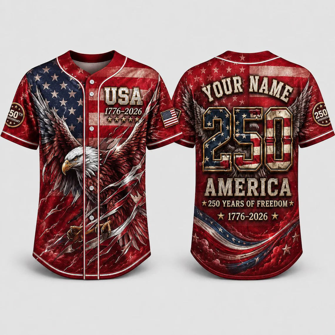 [FREESHIP] USA 250th Anniversary Baseball Jersey, Patriotic Eagle Shirt, 1776-2026 Independence Day Jersey, Custom Name America Jersey