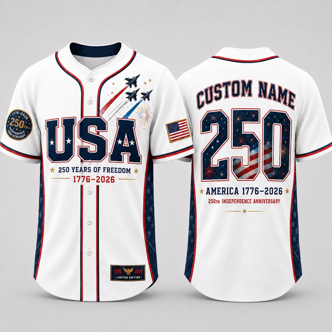 [FREESHIP] Custom USA 250th Anniversary Baseball Jersey, Personalized Name 1776 2026 America Jersey, Patriotic 4th of July Shirt, Freedom Gift