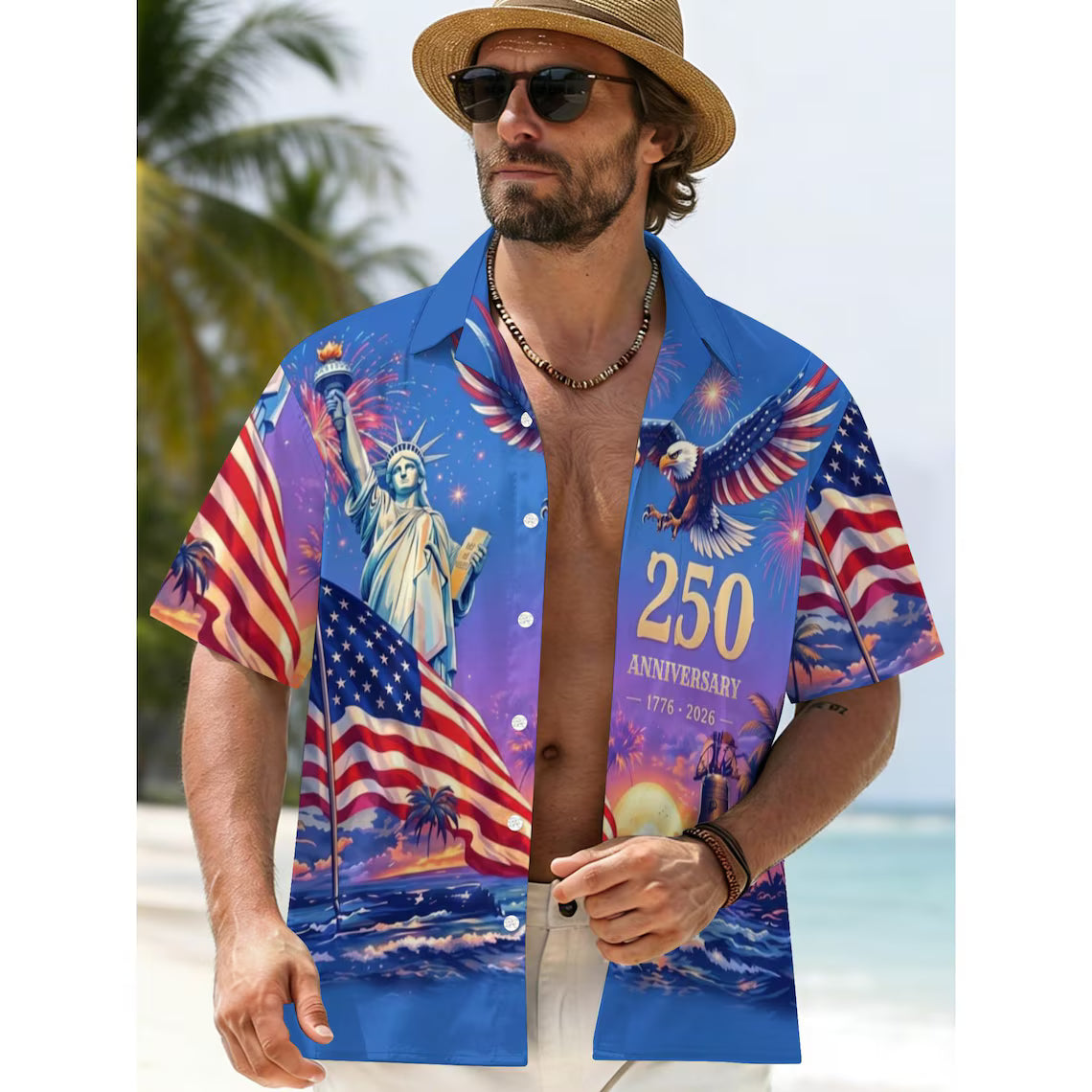 [FREESHIP] Men's Hawaiian Shirt America's Freedom 250th Anniversary,1776-2026 Patriotic Short Sleeve Button Down Vintage Shirt,United States 250 Years