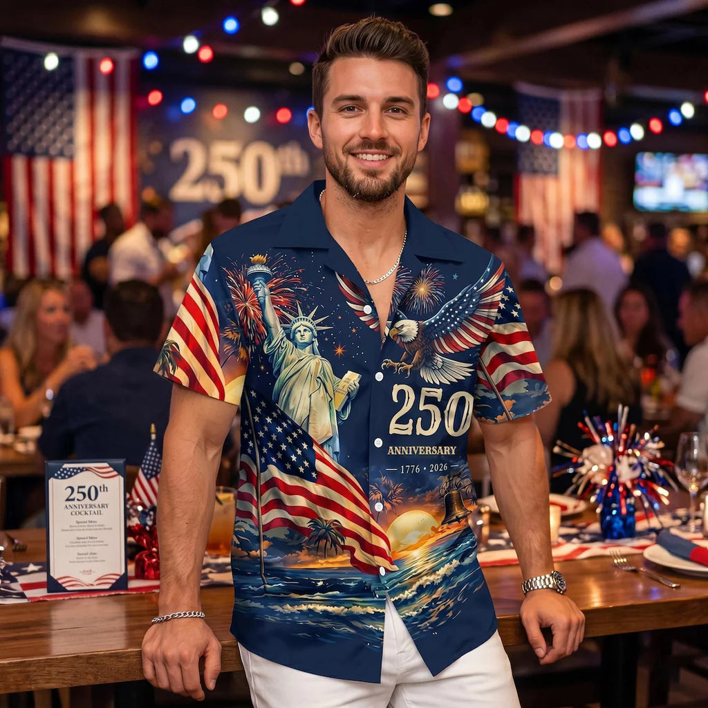[FREESHIP] Men's Hawaiian Shirt America's Freedom 250th Anniversary,1776-2026 Patriotic Short Sleeve Button Down Vintage Shirt,United States 250 Years
