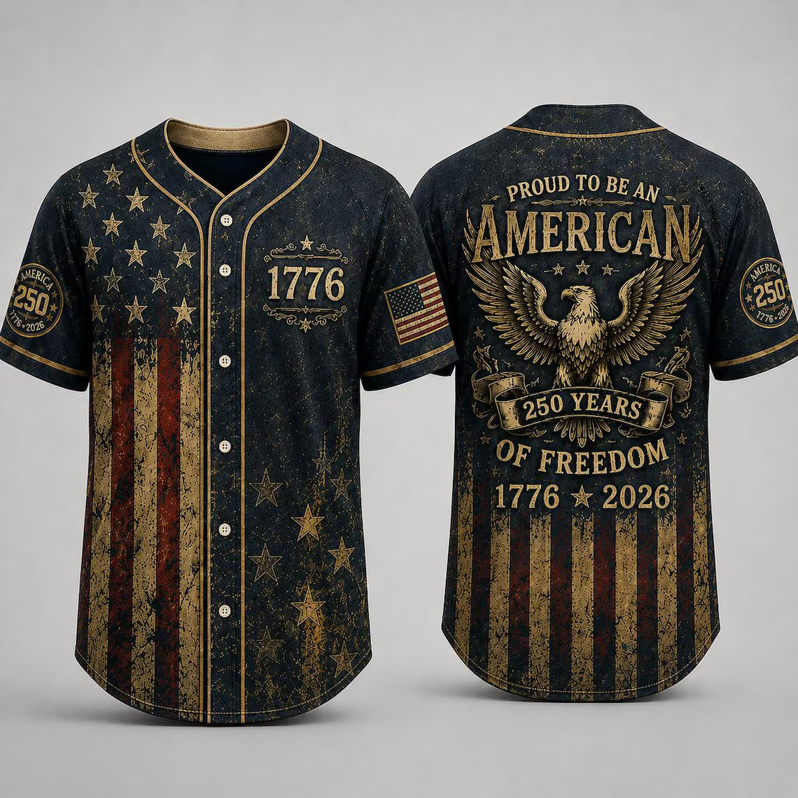 [FREESHIP] USA 250th Anniversary Baseball Jersey, 1776 Patriotic American Flag Button Shirt, Proud To Be American Freedom Baseball Jersey