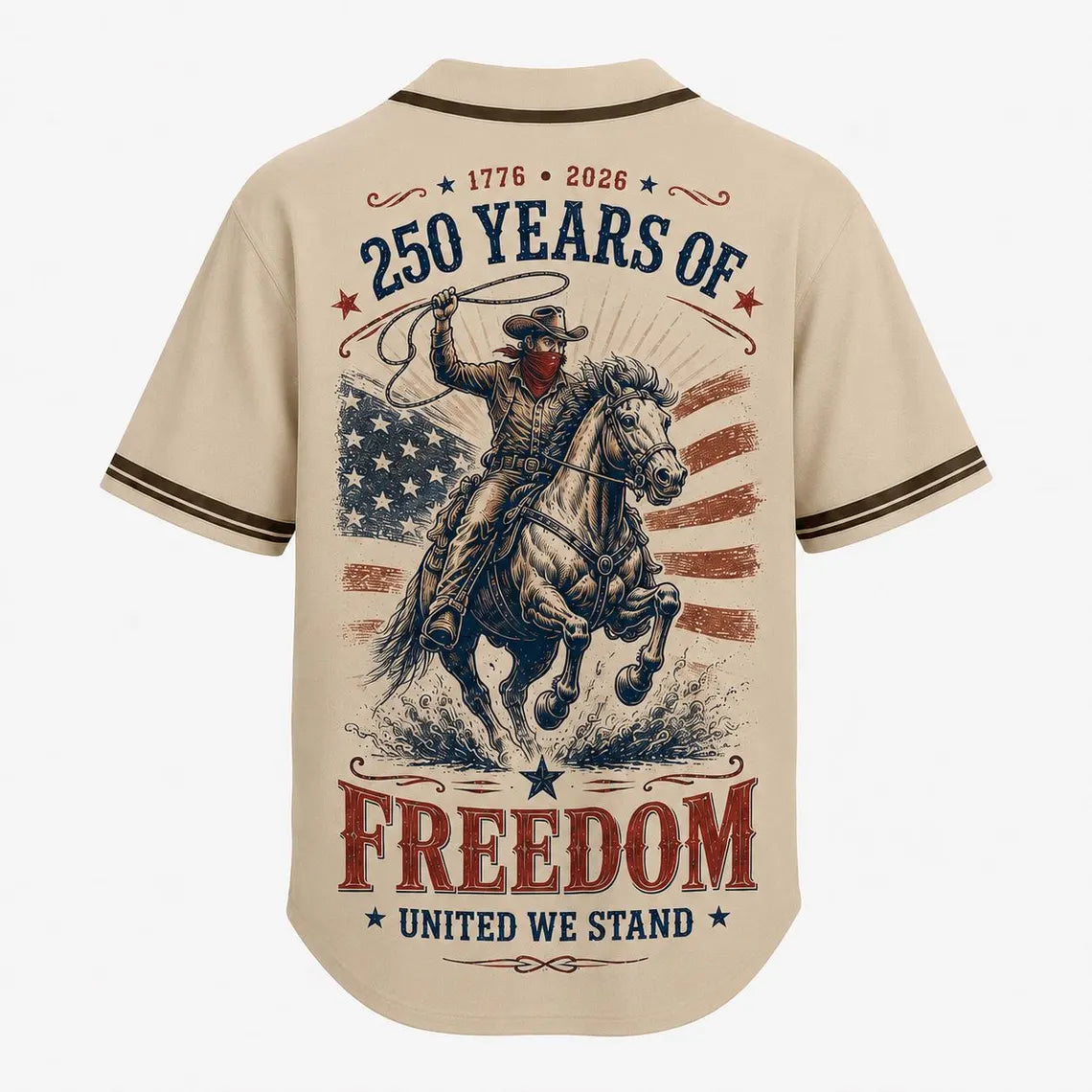 [FREESHIP] USA 250th Anniversary Cowboy Horse Baseball Jersey, 1776-2026 Cowgirl Patriotic Statue of Liberty 4th of July Jersey, Years of Freedom Gifts